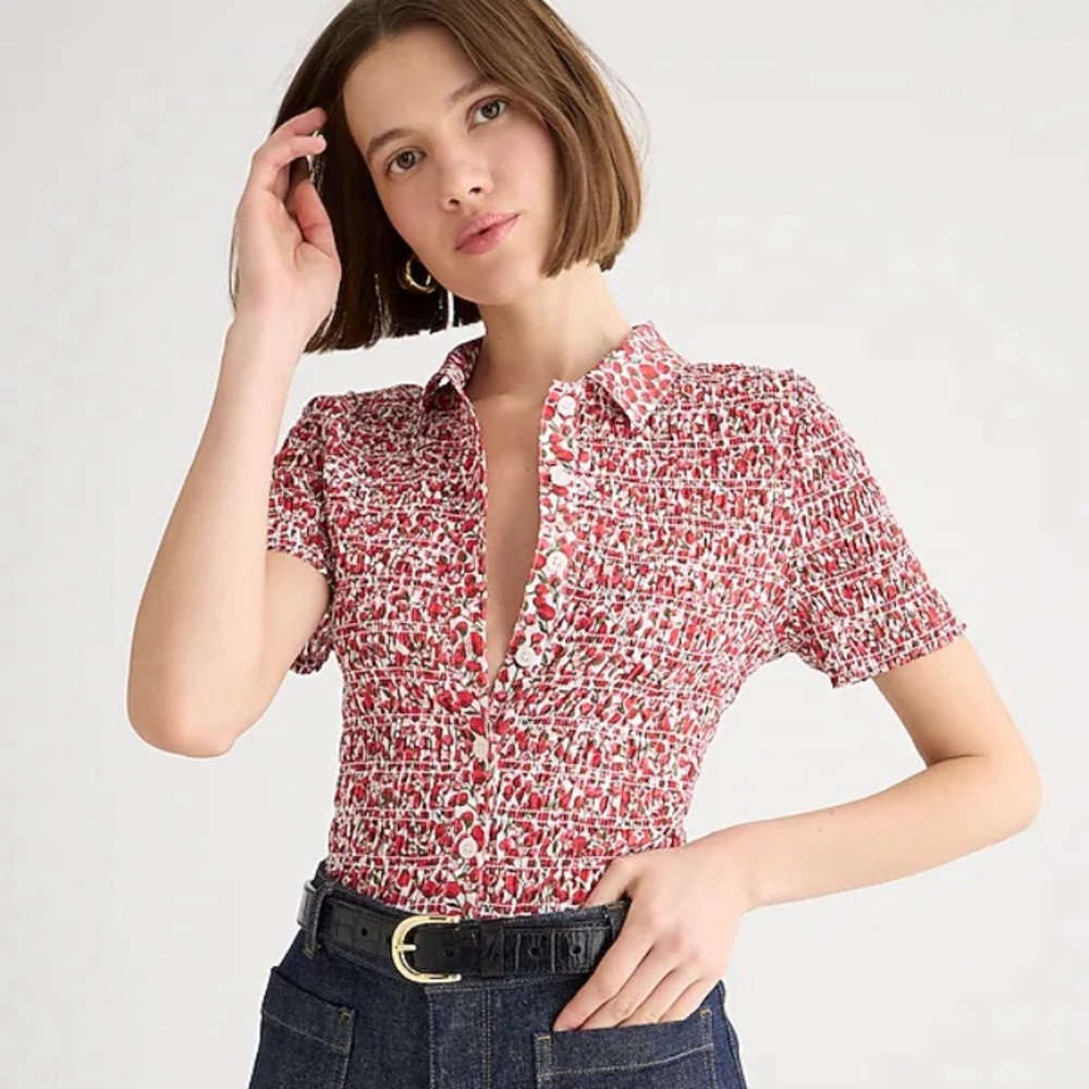 Smocked button-up shirt in Liberty® Eliza's Red fabric